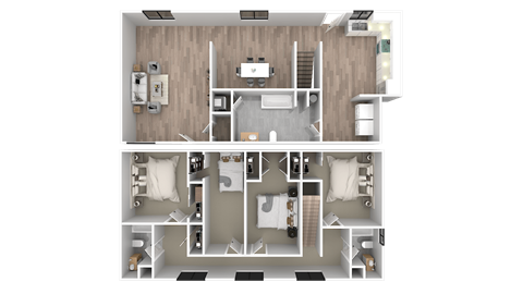 a 3d floor plan of a bedroom with a bathroom and a living room
